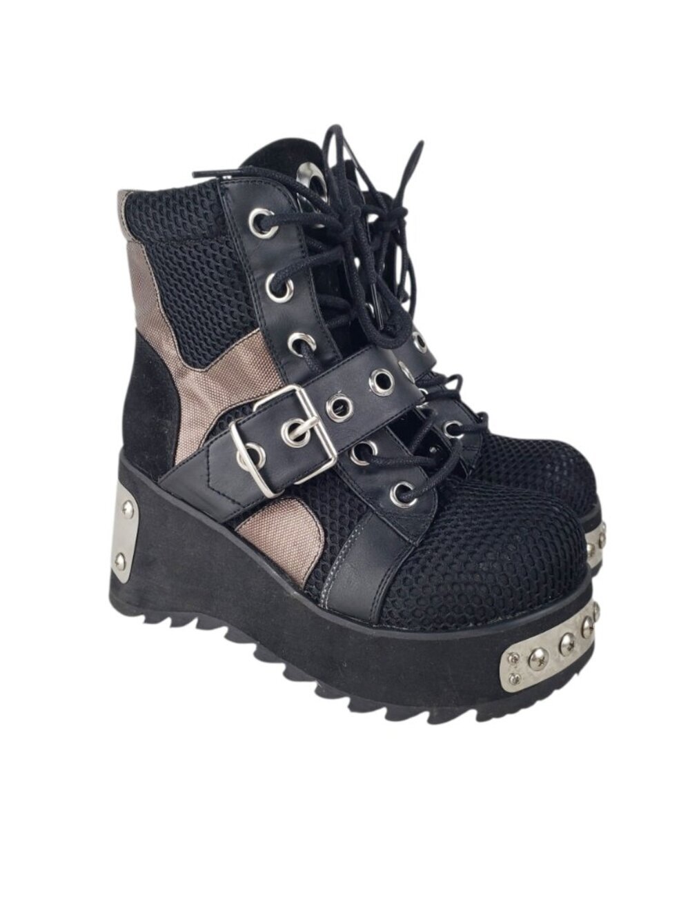 Demonia Scene 53 Platform Ankle Boots Metal Plated Lace Up Black Bronze Womens 8